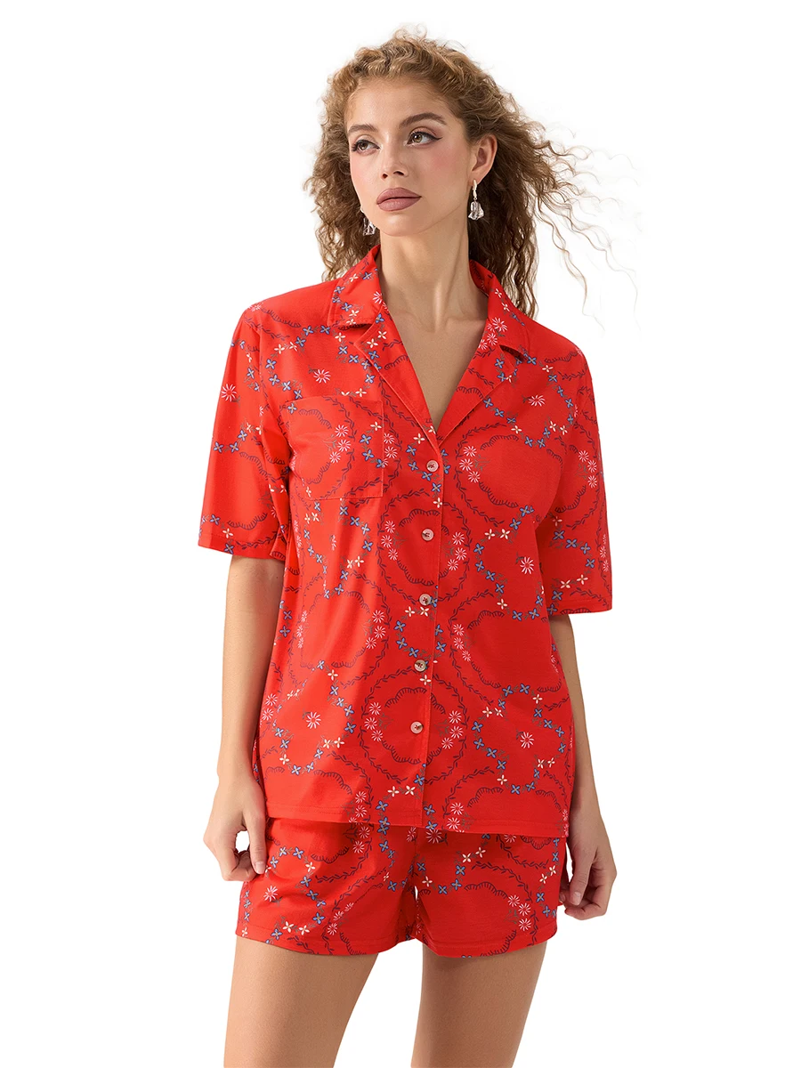 Conjunto de ropa de estar por casa con bordado Floral para mujer, Tops de manga corta con botones y cuello de solapa, pantalones cortos con lazo, 2 piezas