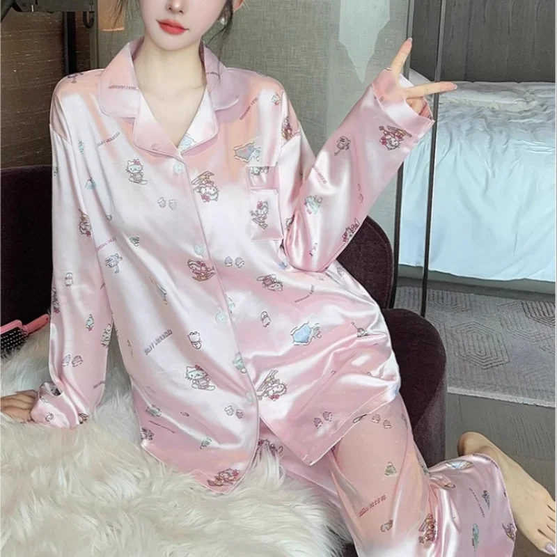 Cartoon Sanrio Hello Kitty Women\'s Pajamas Autumn Ice Silk Long Sleeve Pants Two-piece Lapel Homewear Silk Pajamas Women