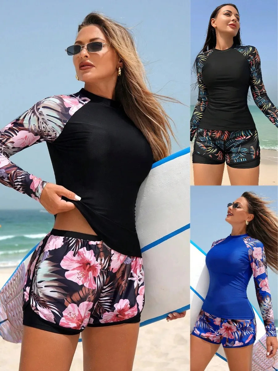 Y2k Tankini Women's Long Sleeve Crop Tankini Top Floral Print High Neck Tankini Set Base Shorts Two Piece Swimsuit