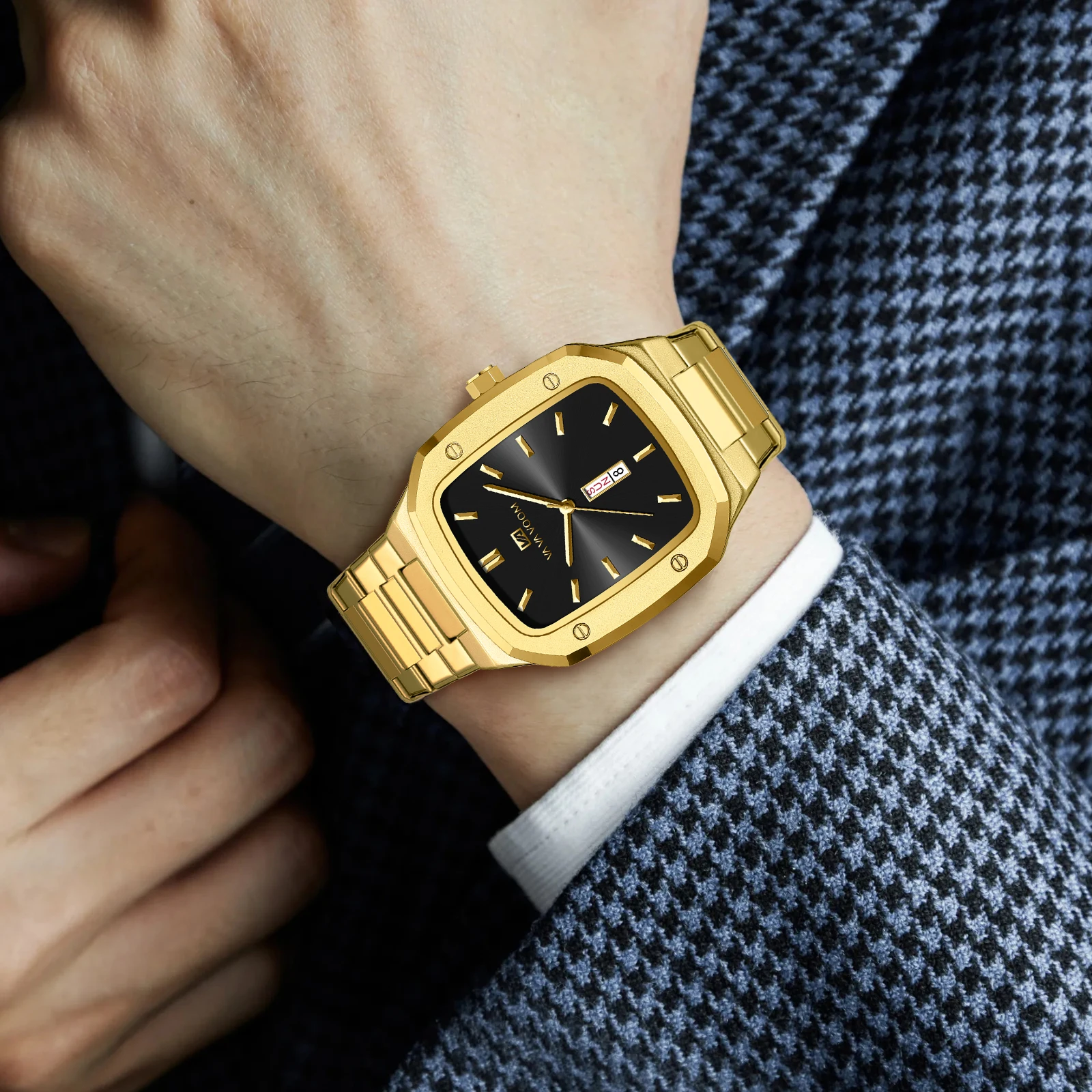 2025 novo relógio masculino moda quadrado aço inoxidável azul ouro 3bar à prova dwaterproof água calendário de quartzo simulado negócios esportes relógio de pulso