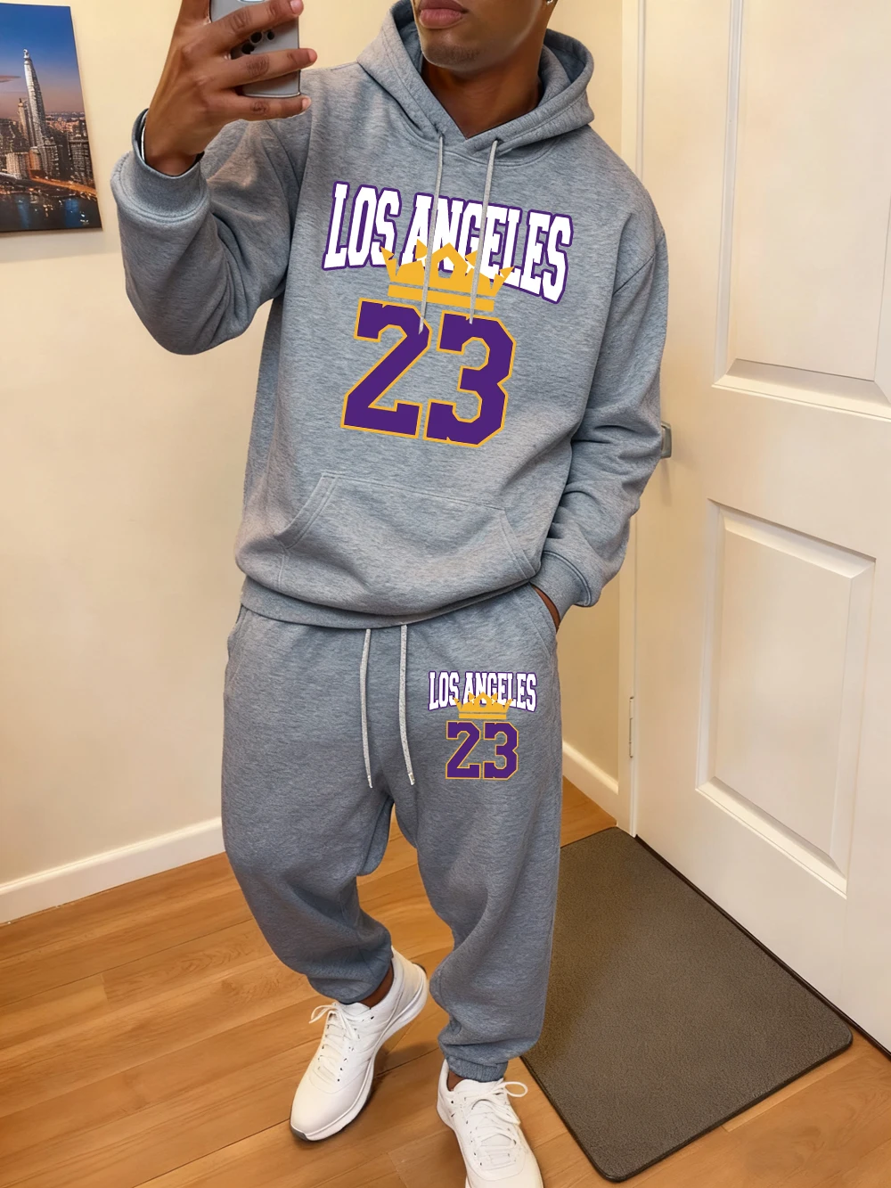 2 قطعة هوديس مجموعة الرجال لوس انجليس 23 يطبع Sweatpants عادية الصوف الدافئة جيب بلوزات سراويل للجري ملابس الشتاء فضفاضة