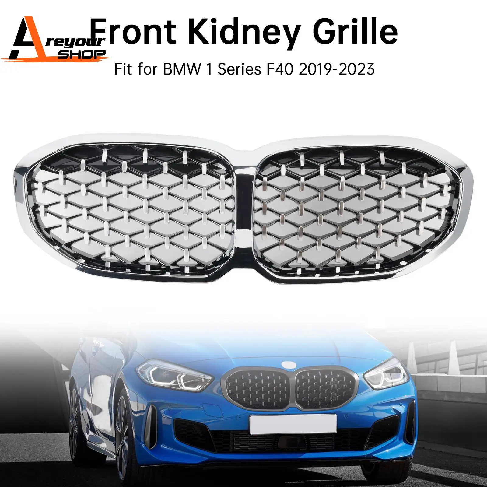 

Front Kidney Grille Grill for BMW 1 Series F40 2019-2023 Silver Diamond Style