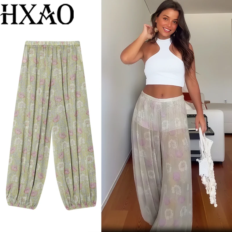 HXAO, pantalones plisados florales, pantalones holgados con estampado Vintage para mujer, pantalones fluidos con linterna semitransparente, pantalones largos anchos de tul para mujer de verano