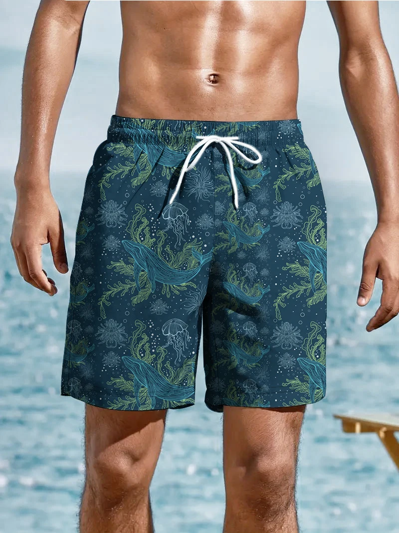 Hot selling men's summer loose and comfortable shorts underwater world elements 3D digital printing swimming trunks