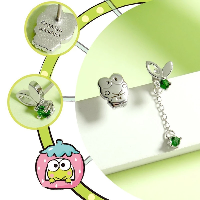 Sanrio Wonderland Kawaii Kerokero Keroppi Leaf Gemstone Earrings Creative and Delicate Earrings Exquisite Gift for Friends