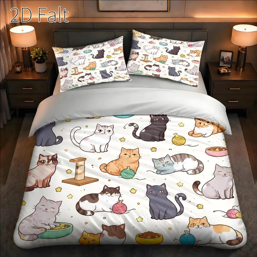 3-Piece Quilt Cover Set, 1 Quilt Cover + 2 Pillowcases (Without Filling) 2D Flat Priting, Three-Piece Quilt Cover Set, Cat-Themed Pattern, Cartoon Style, International Cat Day, Suitable for All Seasons, Machine Washable, Invisible Zipper, Large Quilt Cover Set, Bedding Set, Skin-Friendly, Breathable, Soft and Comfortable, Does Not Fade or Pill, Suitable for Home/Dormitory/Master Bedroom/Guest Room
