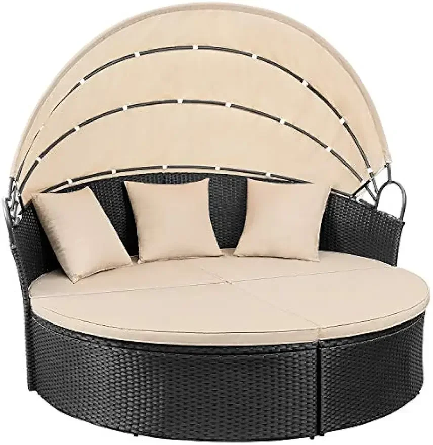 

# Patio Furniture Outdoor Round Daybed With Canopy Wicker Rattan Separated Seating Sectional Sofa For Patio Lawn Garden #