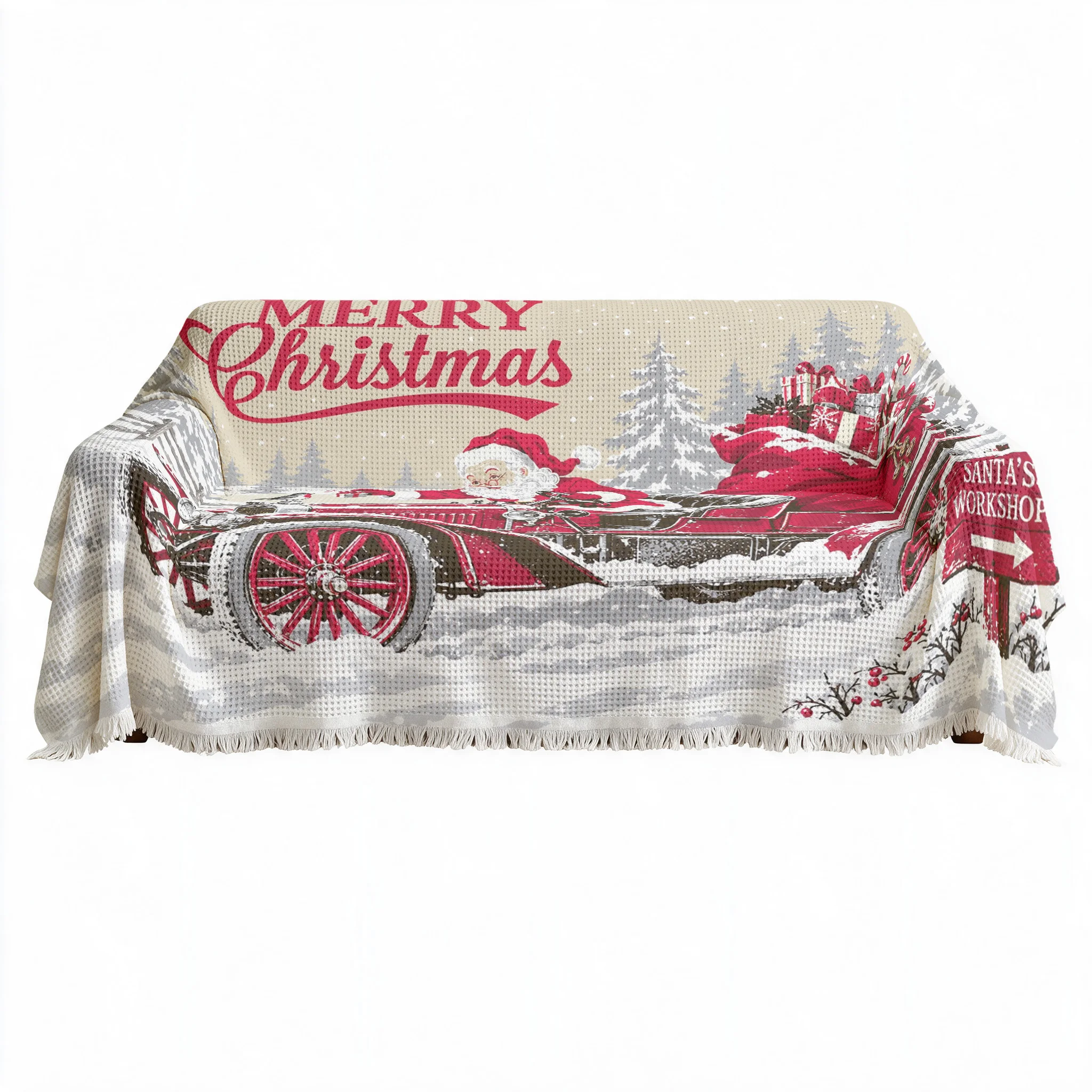 Merry Christmas Santa Carriage Throw Blanket Cushion Dust Ruffle Curtain Rug Decor