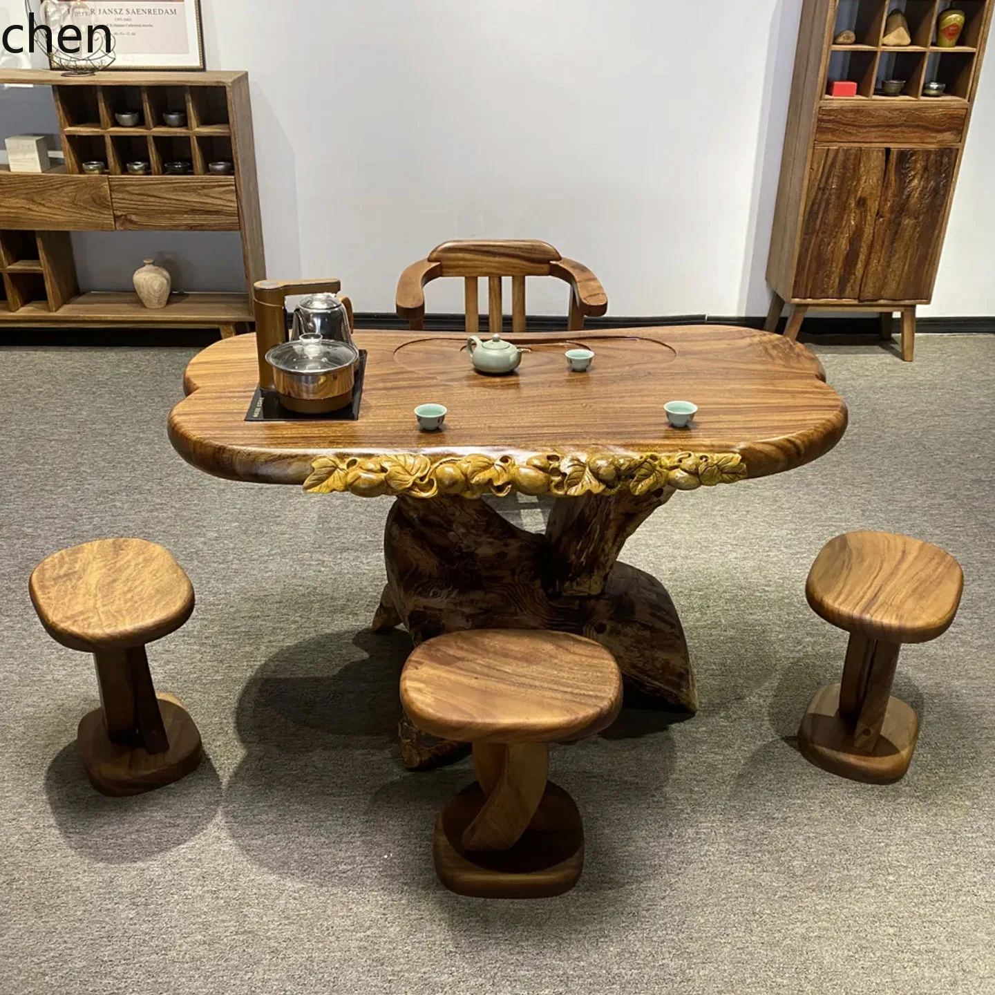 LXC walnut root carving sea solid wood tree root tea table wood carving tree stump tea table root carving coffee table