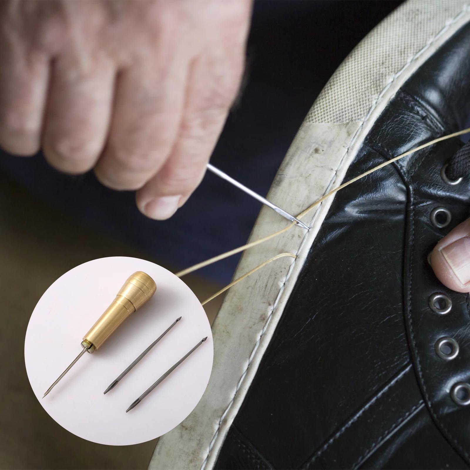 Leather Sewing Kit DIY Leather Sewing Awl Needle with Copper Handle Set Leather Canvas Tent Shoes Repairing Tool