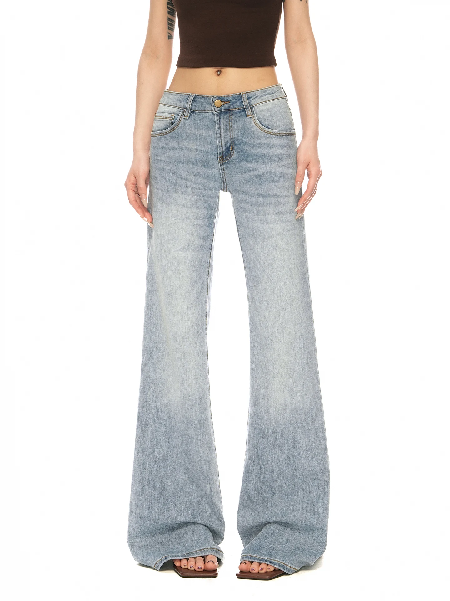 Low Waist Wide Leg Denim Jeans Women's Summer Washed Bell Bottom Comfortable Draping Versatile Casual Floor Length Trousers