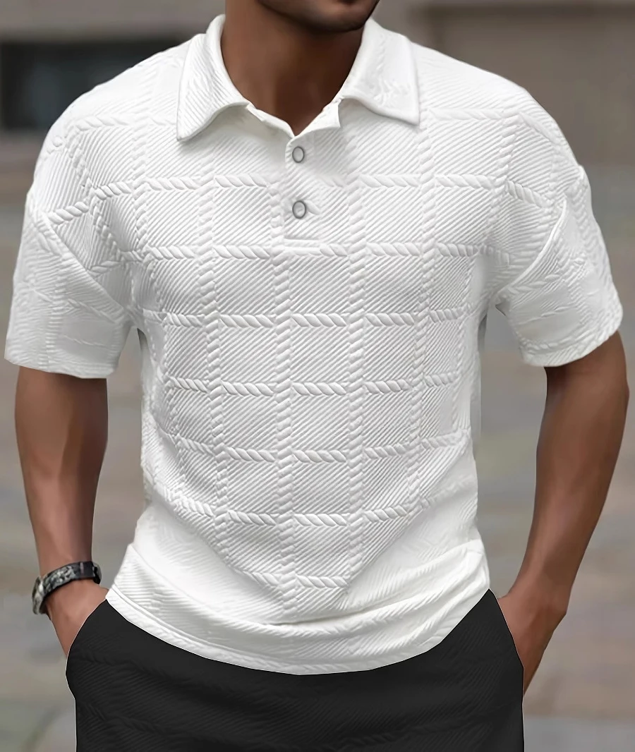 Herren-Sommer-Trend-Kurzarm-T-Shirt, lässig, modisch, Revershemd, täglich, stilvoll, Jacquard, kleines Karomuster