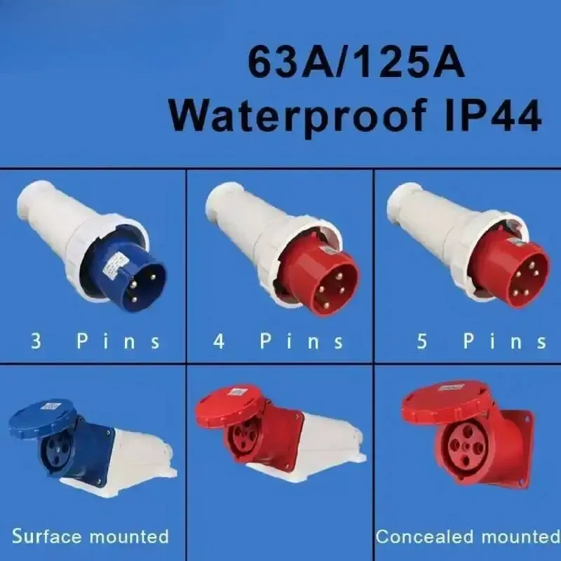 63A/125A Waterproof IP67 Aviation Explosion-proof Connector Surface and Concealed Industrial Plug Connctor 3 4 5 Core Pins