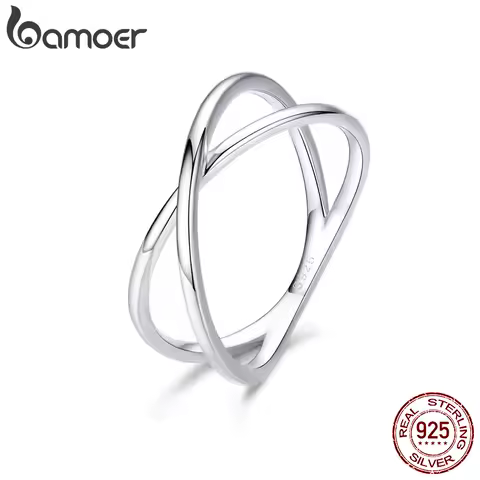 BAMOER 14K Gold Plated X Ring Dainty Minimalist 925 Sterling Silver Cross Ring for Women Promise Jewelry 2 Colors SCR543
