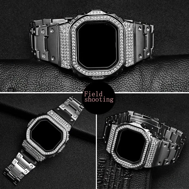 Diamond watch strap set for CASIO DW-5600E GW-B5600 DW-5600BB/5600HR DW-5700/5735/5750 GWX-5600 silver gold watchband case kit