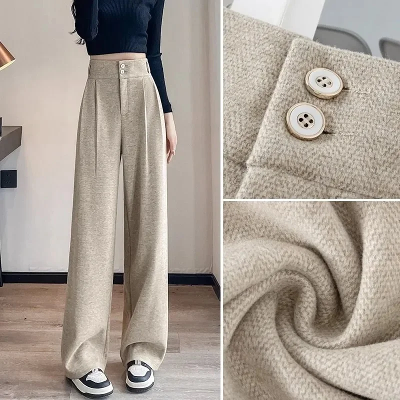 

Женские прямые шерстяные брюки на осень-зиму, модные повседневные узкие брюки в корейском стиле, женские брюки с высокой талией и широкими штанинами