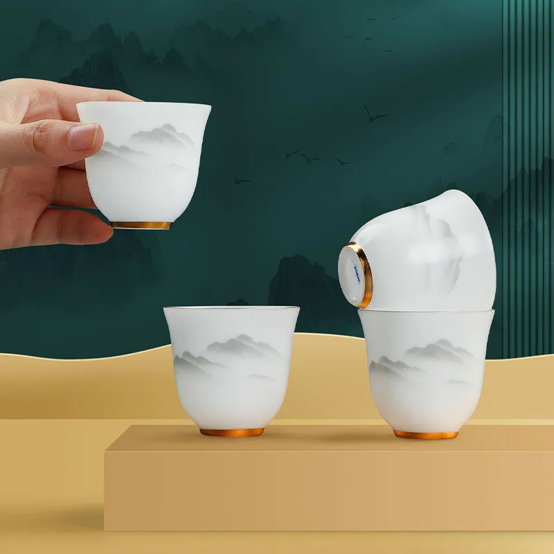 Ice Type Sheep Fat Jade Gold-Plated White Porcelain Kung Fu Tea Set for Company Opening and Store Events