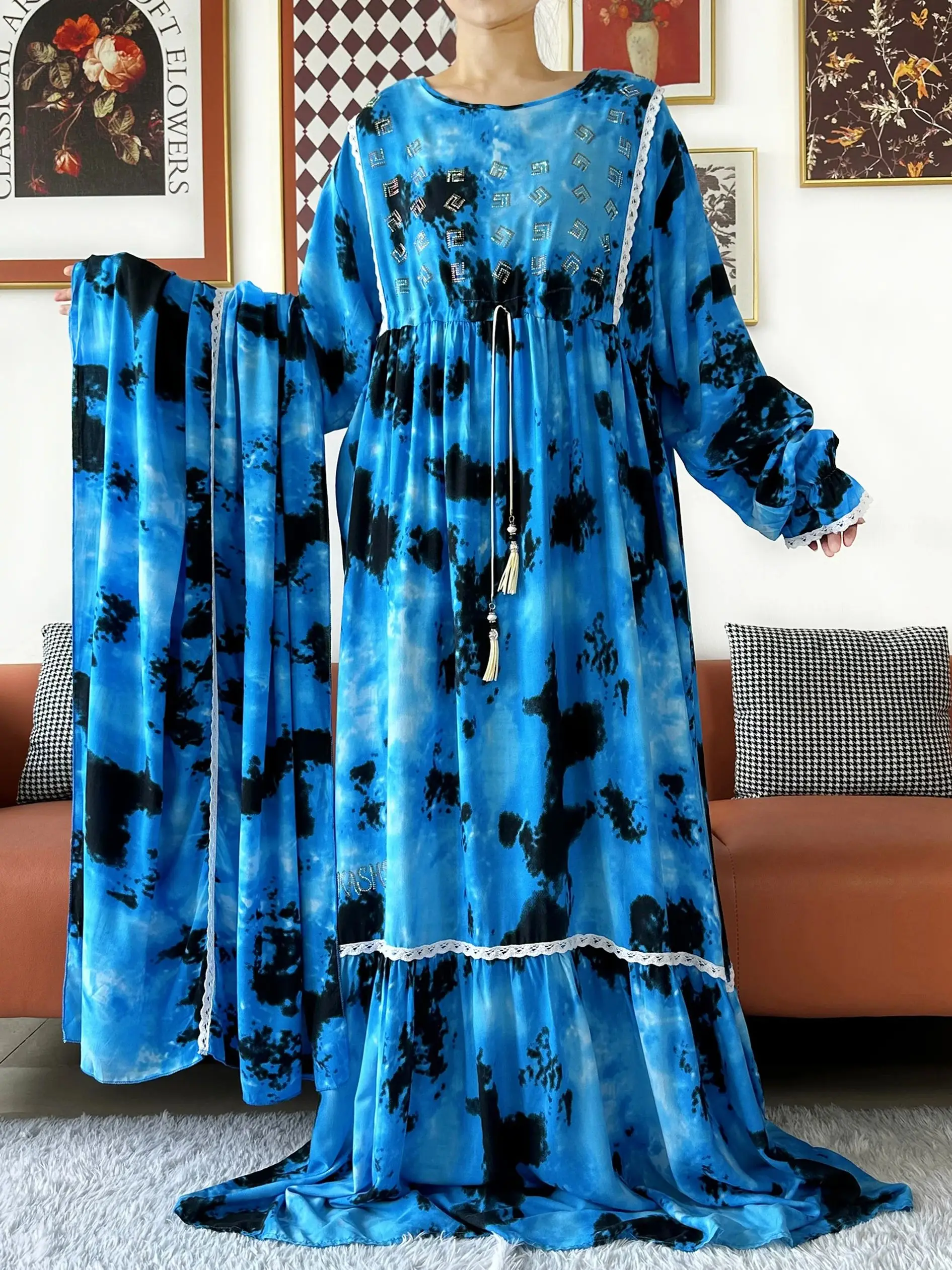 

High Grade Fabric KASHKHA Dubai Women Abaya Long Sleeve Dress Cotton With Big Scarf Boubou Maxi Islam Women Dress African Abaya