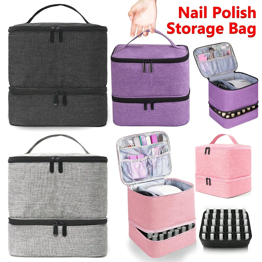 Fashion Portable Nail Polish Storage Bag Double Layer with Handle Essential Oil Bag 30 Compartment Cosmetic Cases