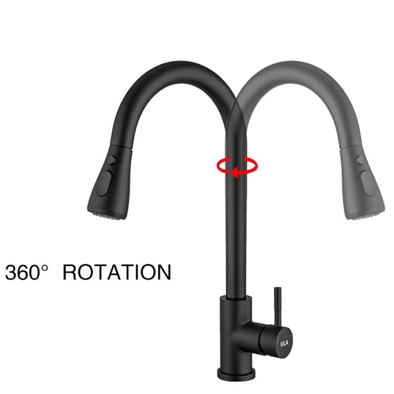 

360 ° Поворотный кухонный смеситель из черной нержавеющей стали с выдвижным изливом, однорычажный, для раковины, подходит для мытья овощей