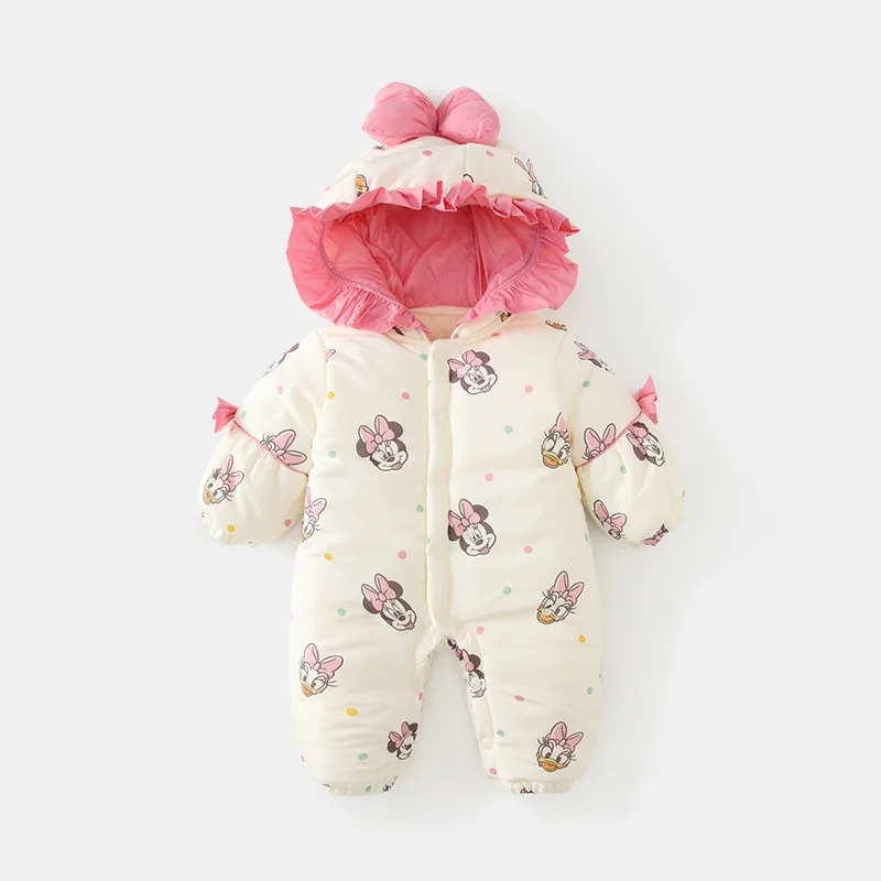 MINISO ميني الشتاء طفلة نيسيي مقنعين القطن القوس تصميم سميكة الوليد تسلق الملابس 0-1 سنة داخلية بذلة