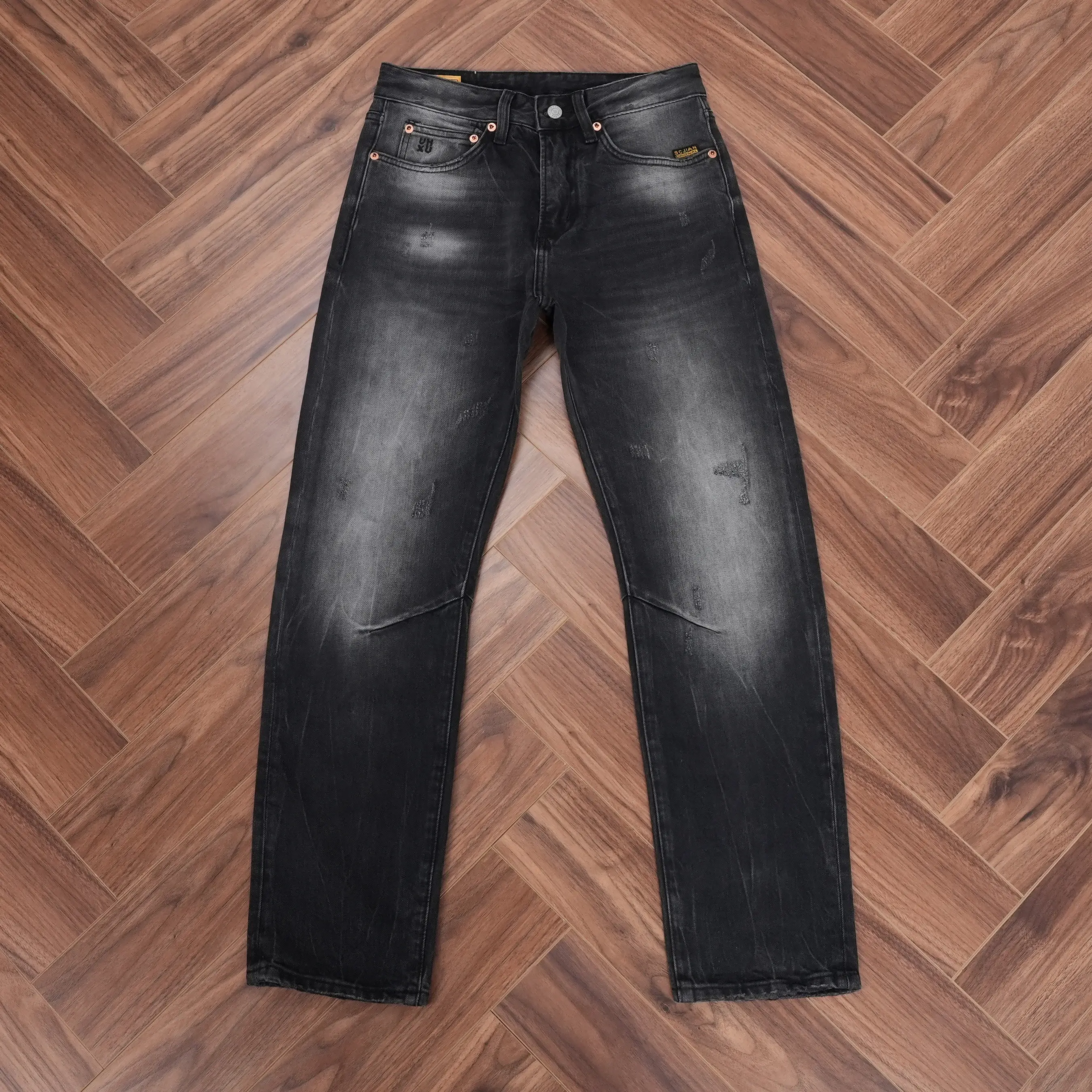 Distressed Jean Rip - Calças Jeans de Denim Preto-Cinza Lavado
