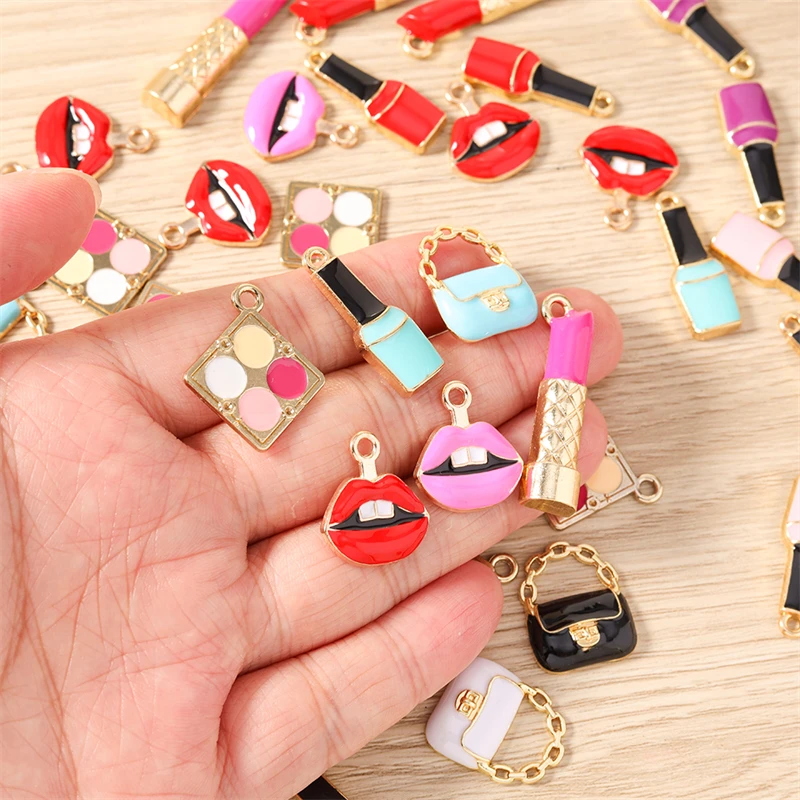 10pcs Cute Mix Enamel Bag Lipstick Makeup Charms Pendants for Jewelry Making Necklaces Earrings Bracelets DIY Crafts Accessories