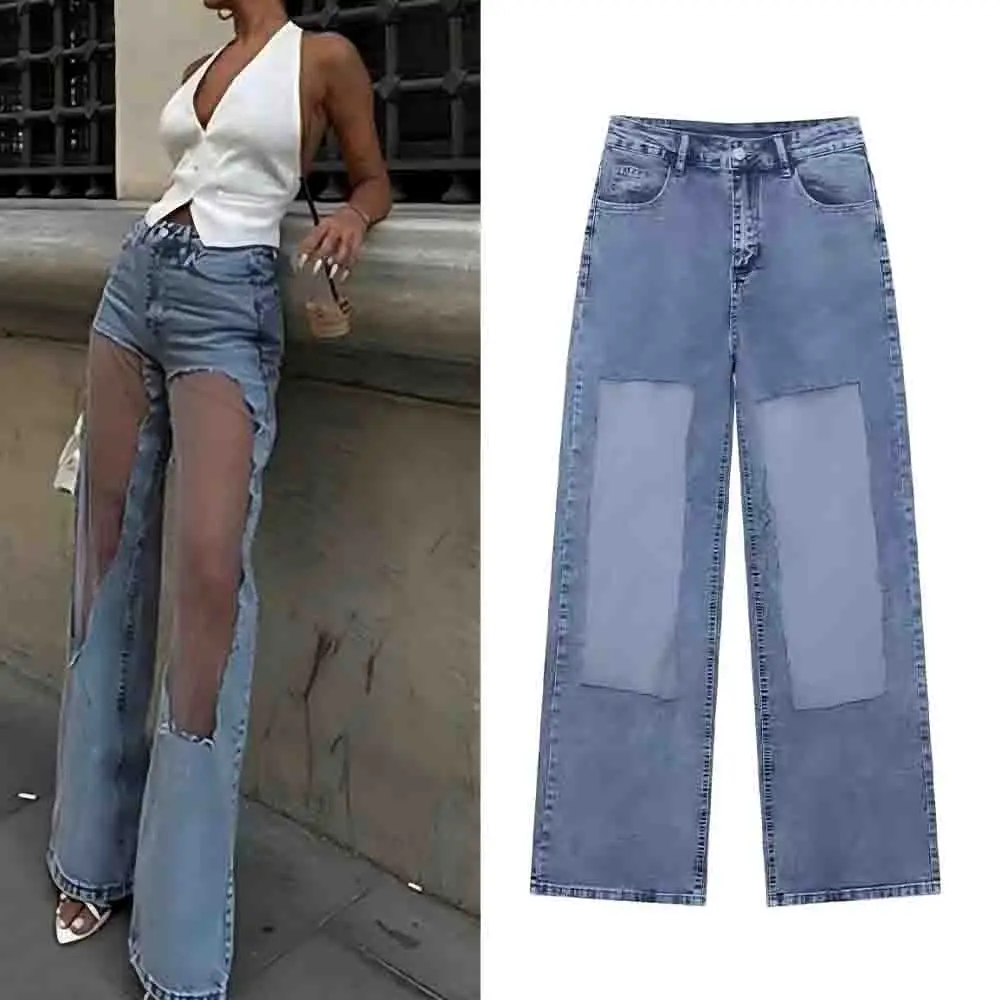 

Women's New Fashion Casual Versatile Mesh Splicing High Waist Jeans Retro Side Pocket Zipper Women's Jeans