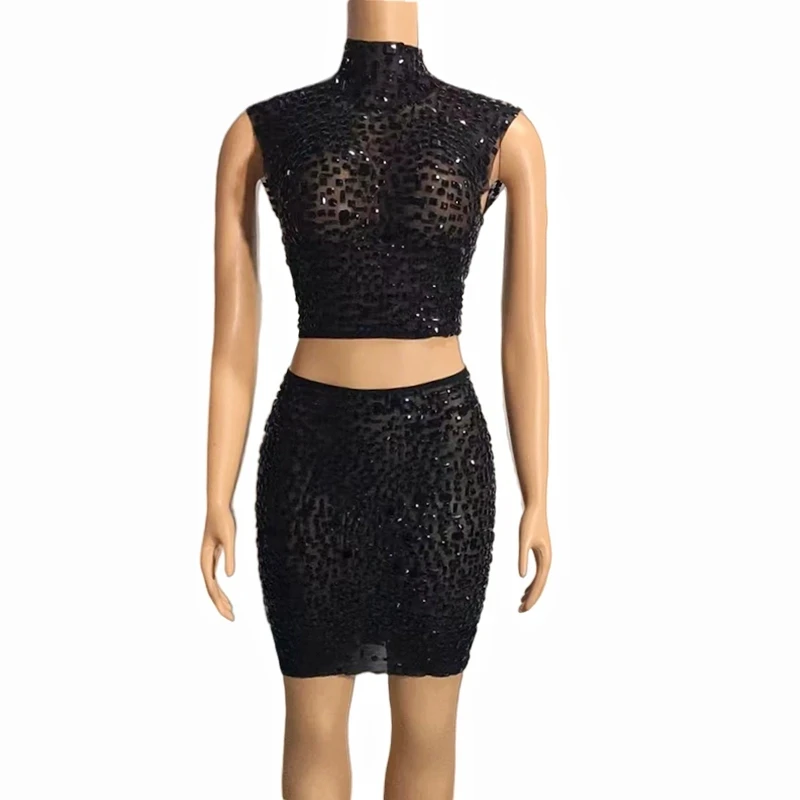 

Sexy Two Pieces Dress Mesh Transparent Celebrate Evening Prom Party Birthday Dress Women Sparkly Rhinestones Top Short Skirt