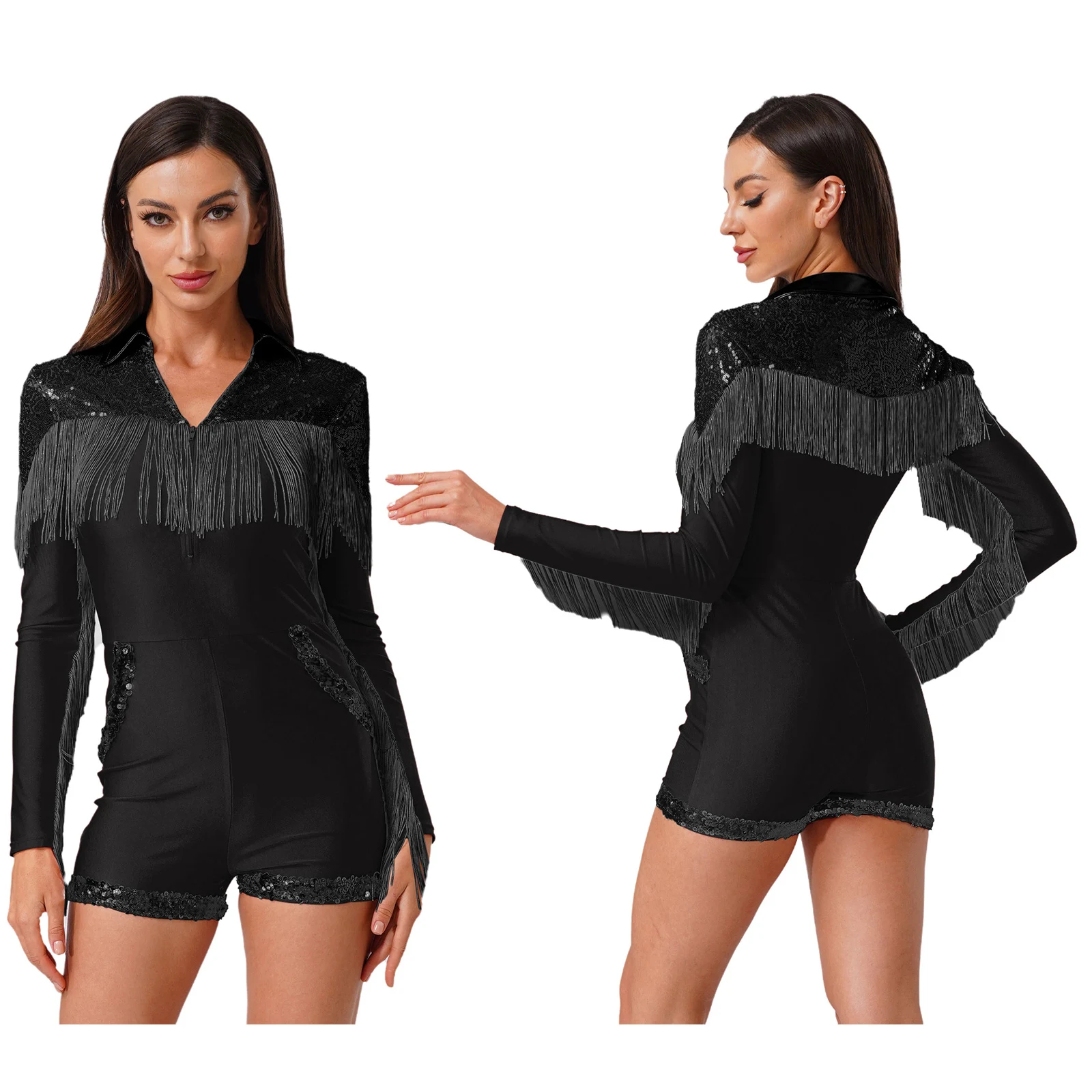 

Adult Female Stylish Cowgirl Hippie Disco Party Dance Performance Bodysuits Shiny Tassel Decor Slim Fit Tribe Folkloric Jumpsuit