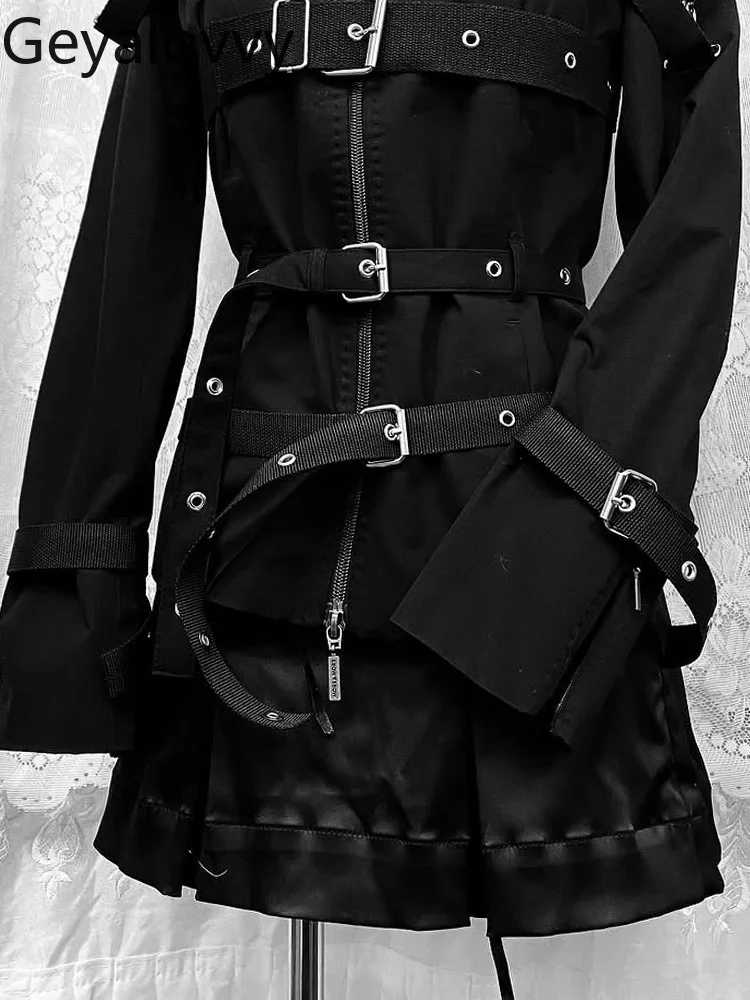 الأصلي الرجعية النمط الأمريكي الخريف الشتاء الراقية معطف أسود طويل الأكمام الحلو الإناث المتخصصة تصميم سترة حزام أسود #5