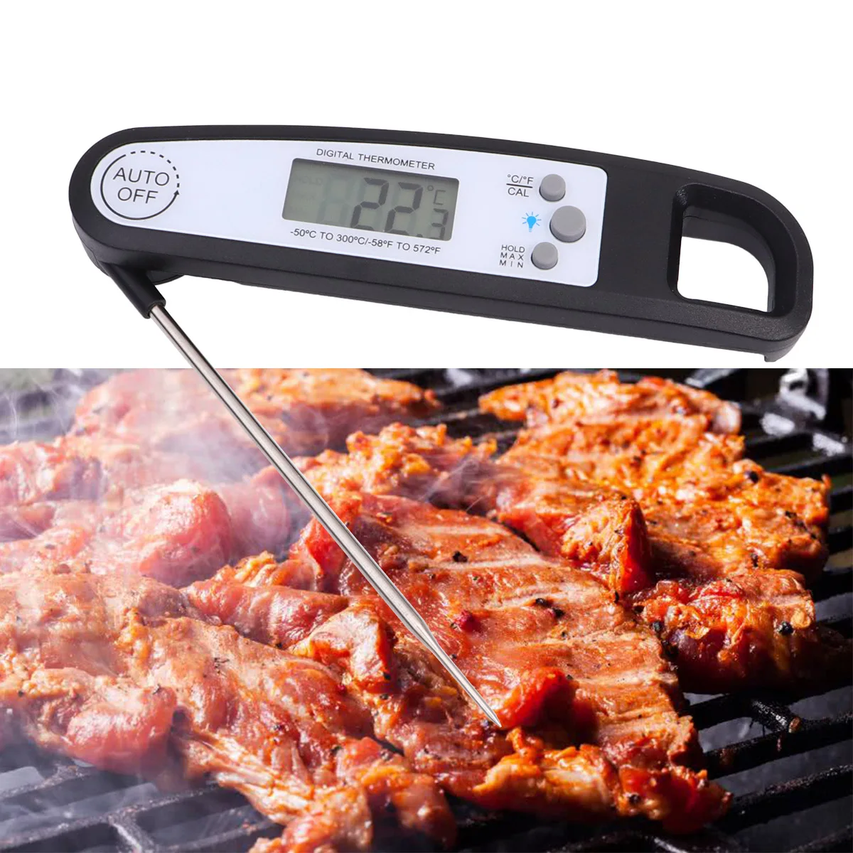 

Luminous Foldable Electronic Food Thermometer Black for Kitchen Cooking Bbq Grilling Portable Digital Measuring Probe