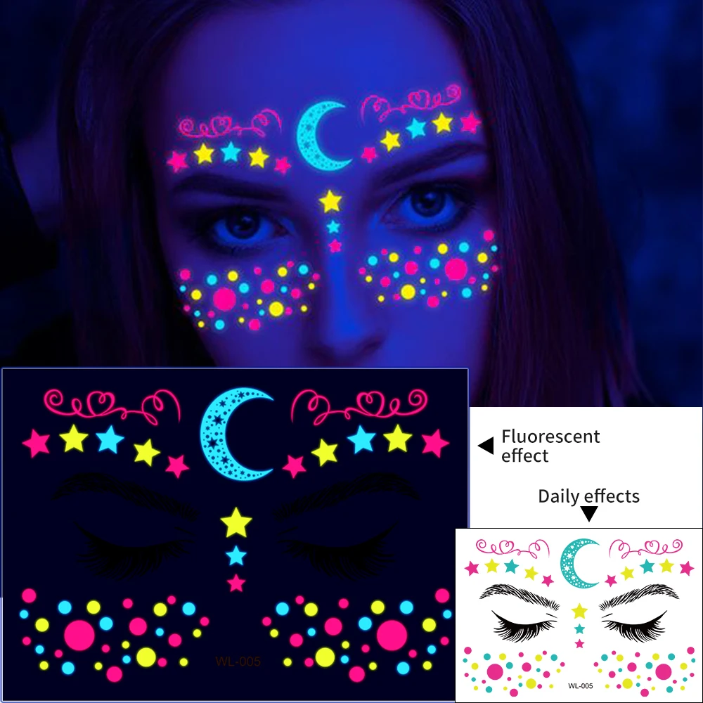 

1Pcs(15x14cm) Halloween&Christmas Luminous Tattoos Stickers 3D Star/Moon/Butterfly UV Face Decal Glow in Dark Girl Face Slider