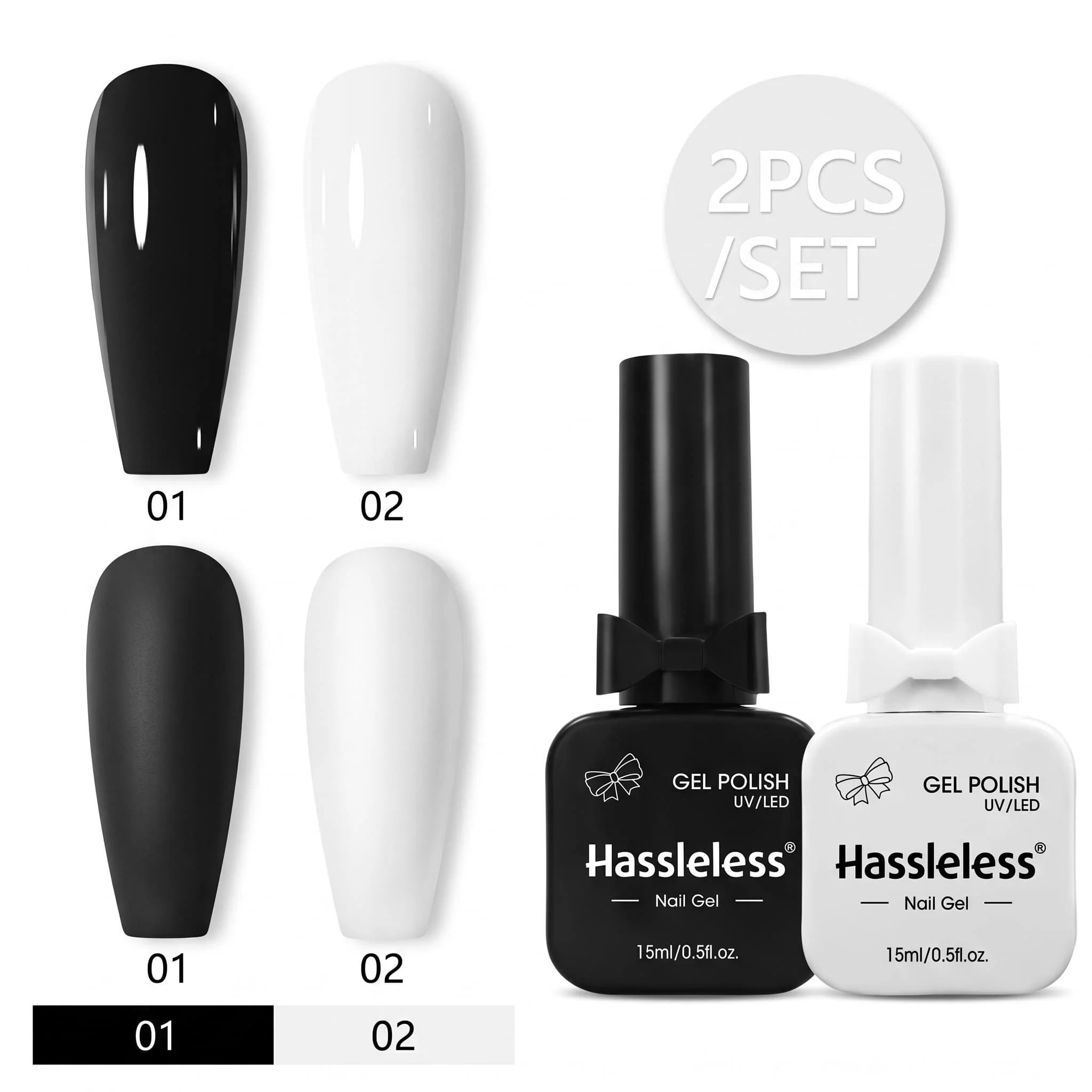 Hassleless Classic Black and White 2-Piece Armor Gel Polish Set, Includes Two Versatile Basic Color Shades: High-Gloss Black and Pure Milky White, with a High-Shine Mirror Effect