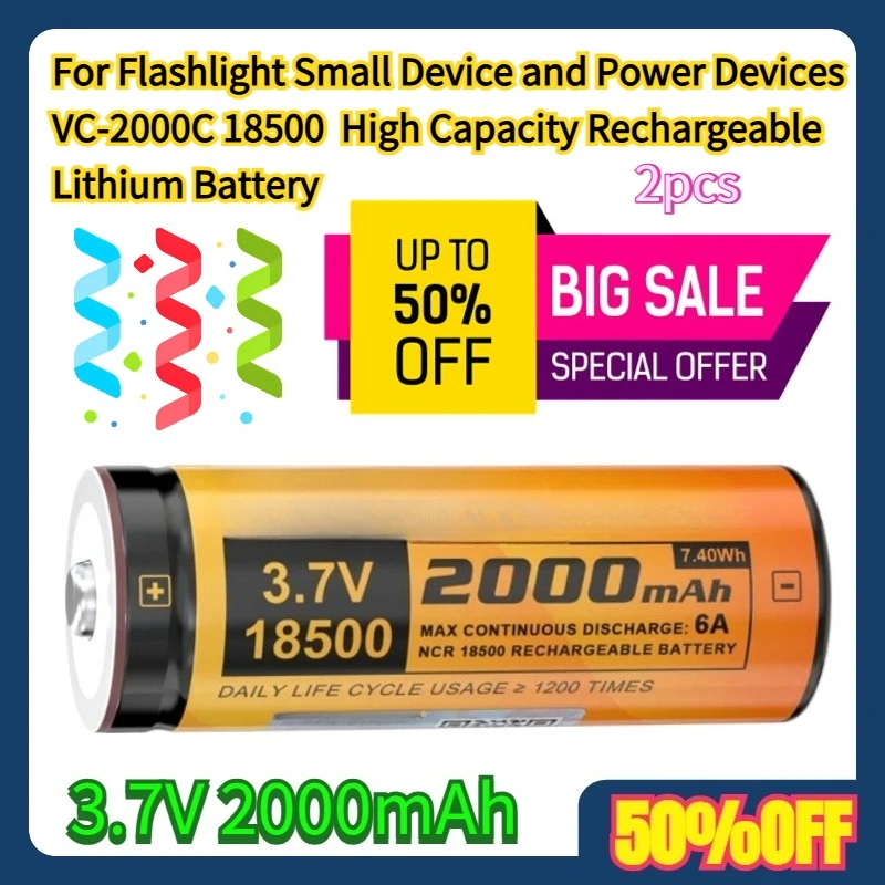 

For Flashlight Small Device and Power Devices VC-2000C 18500 3.7V 2000mAh High Capacity Rechargeable Lithium Battery