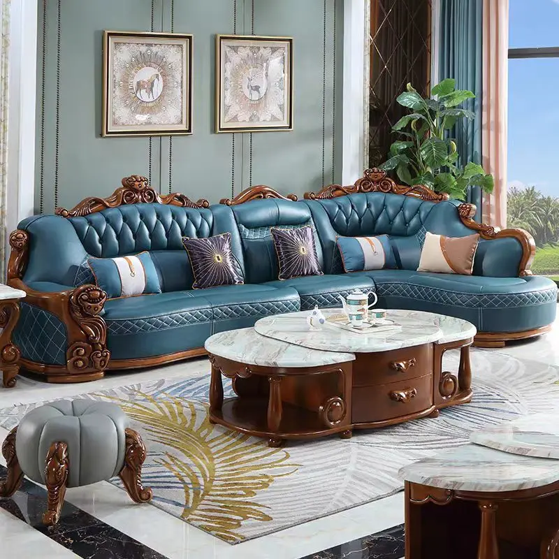 Leather sofa villa living room combination solid wood high-end leather sofa