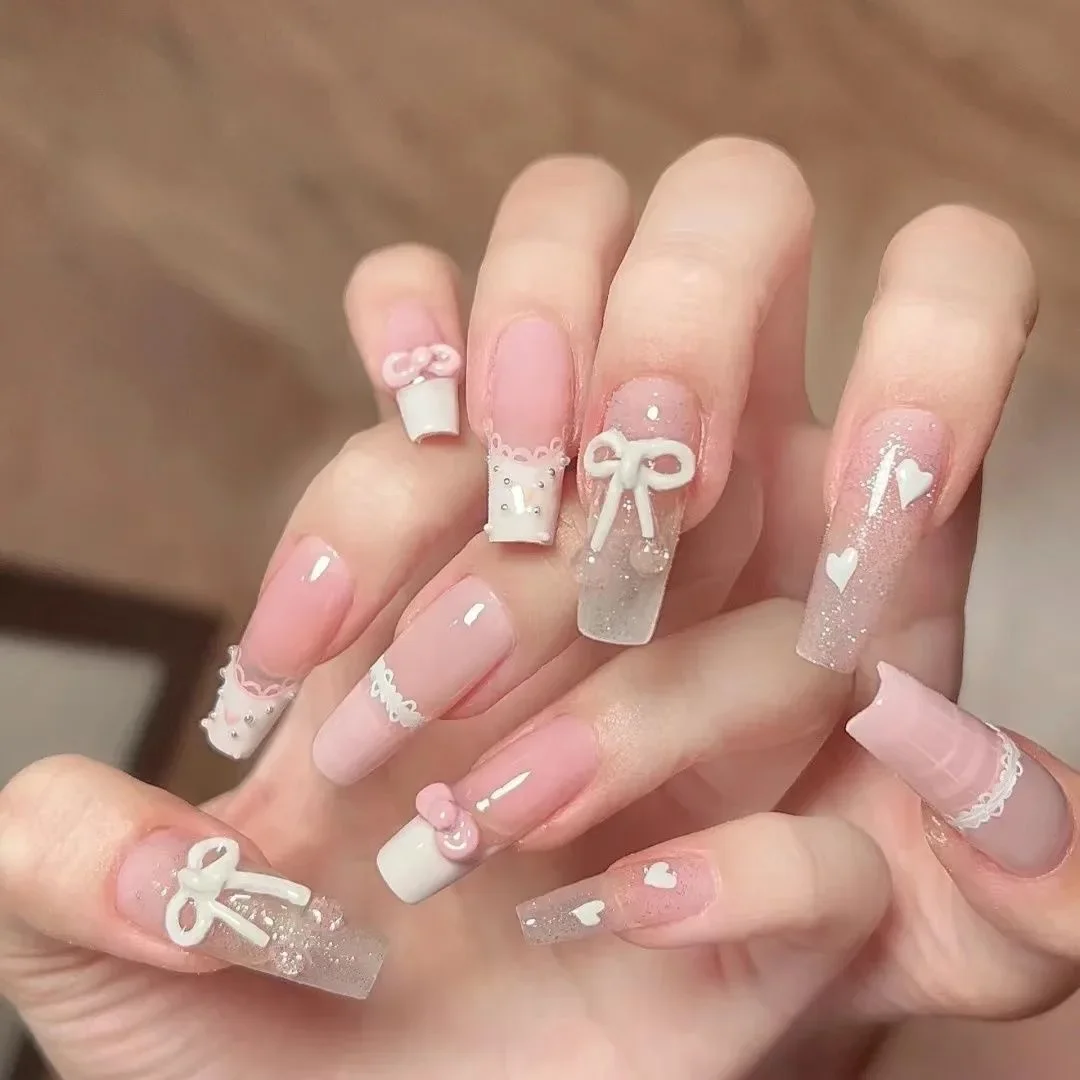 10 Pieces French Nude Pink Gentle Press On Nails Handmade Playful Cute Bow Fine Glitter Fake Nail Patches Removable