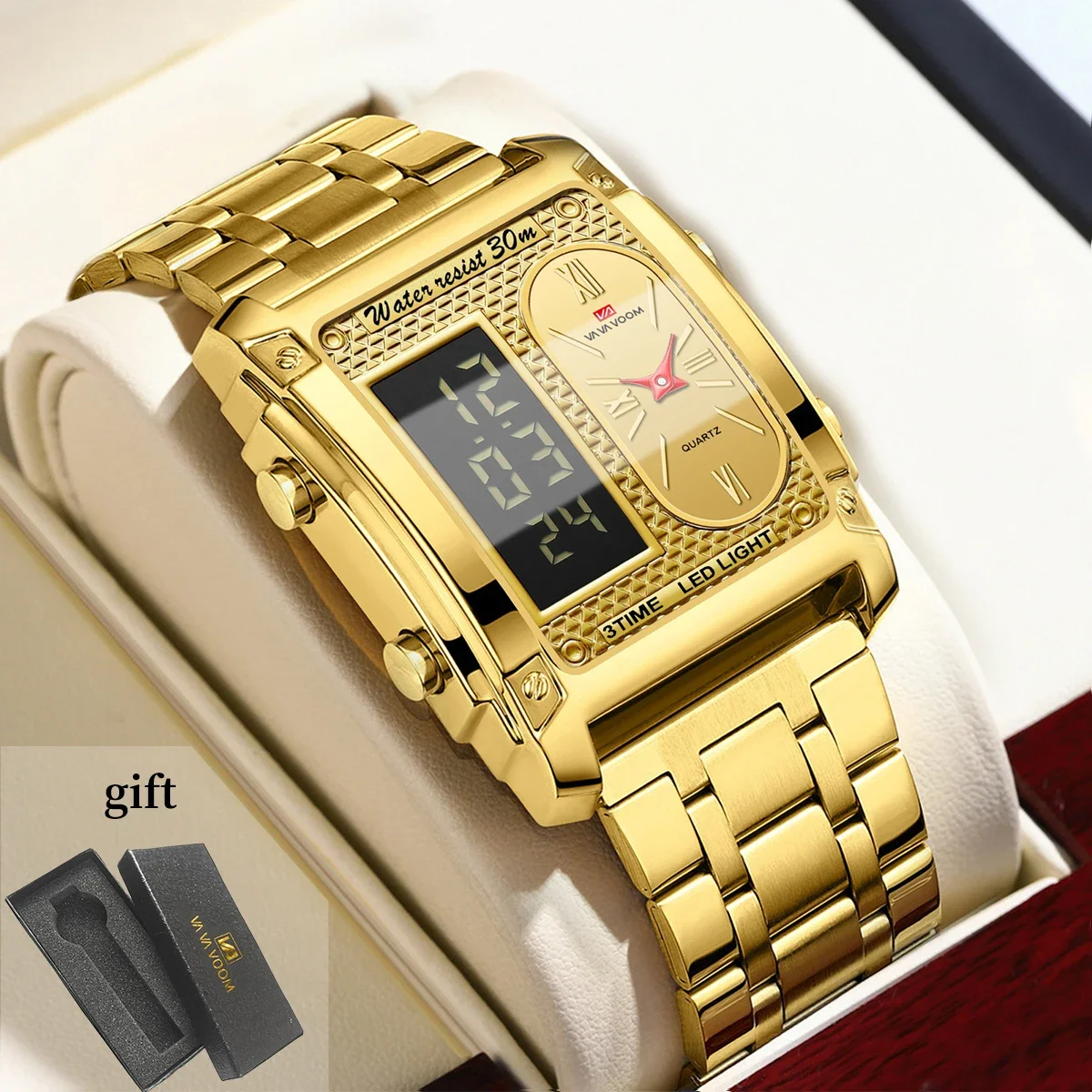 Electronic Quartz Movement Watch Men Square Fashion Stainless Steel Watch Alarm Clock&Timing  Waterproof Business Watch Reloj