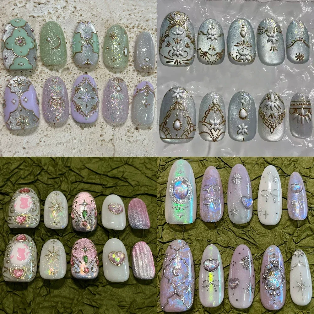 

10Pcs Bohemia Flashing Cat's Eye Handmade Almond Ellipse Wearable False Nail Hand-Painted Bow Love Cat Diamond Press On Nails
