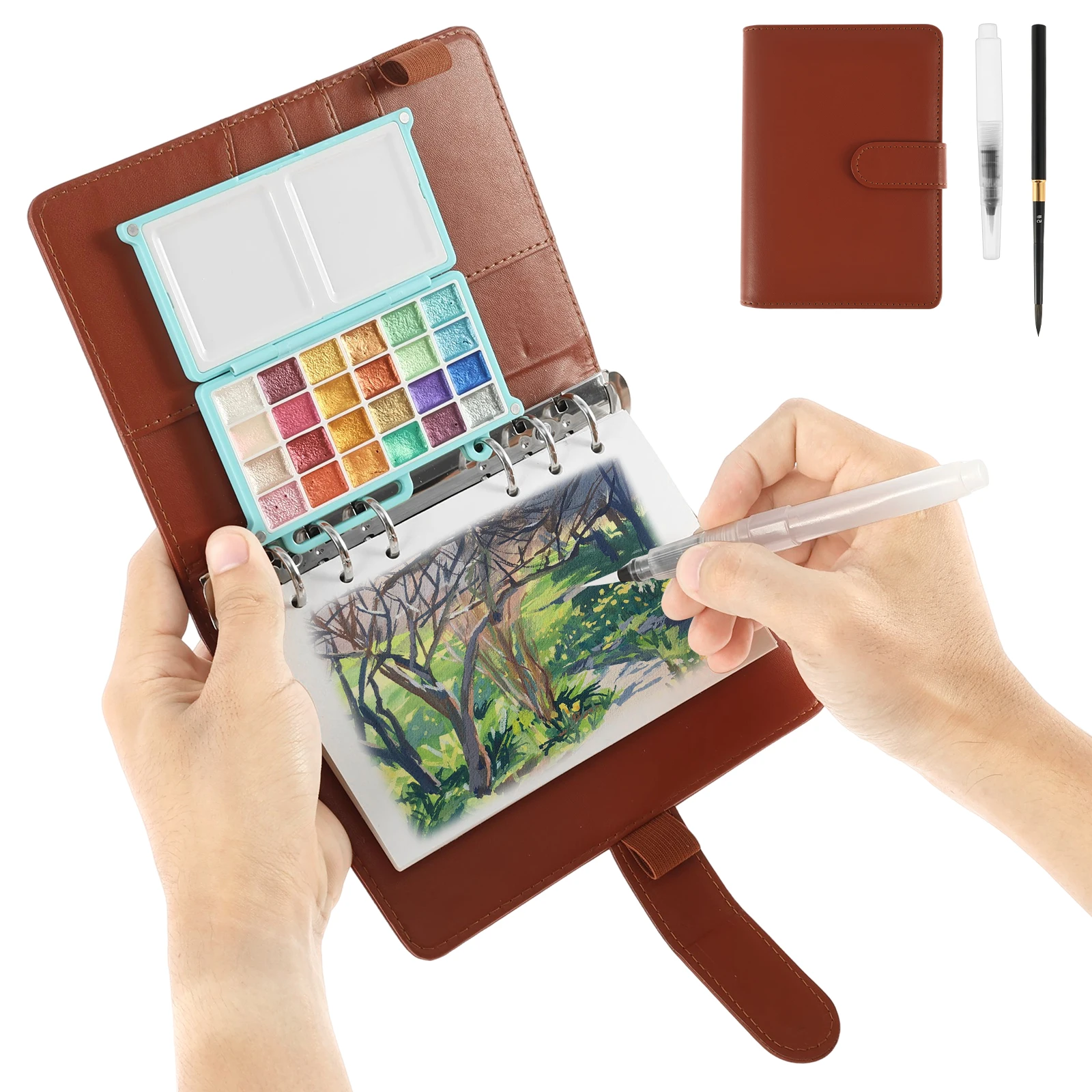 Portable Travel Watercolor Paint Set Mini Refillable Ring Bound Sketchbook Watercolor Kit for Urban Sketching Landscape Practice