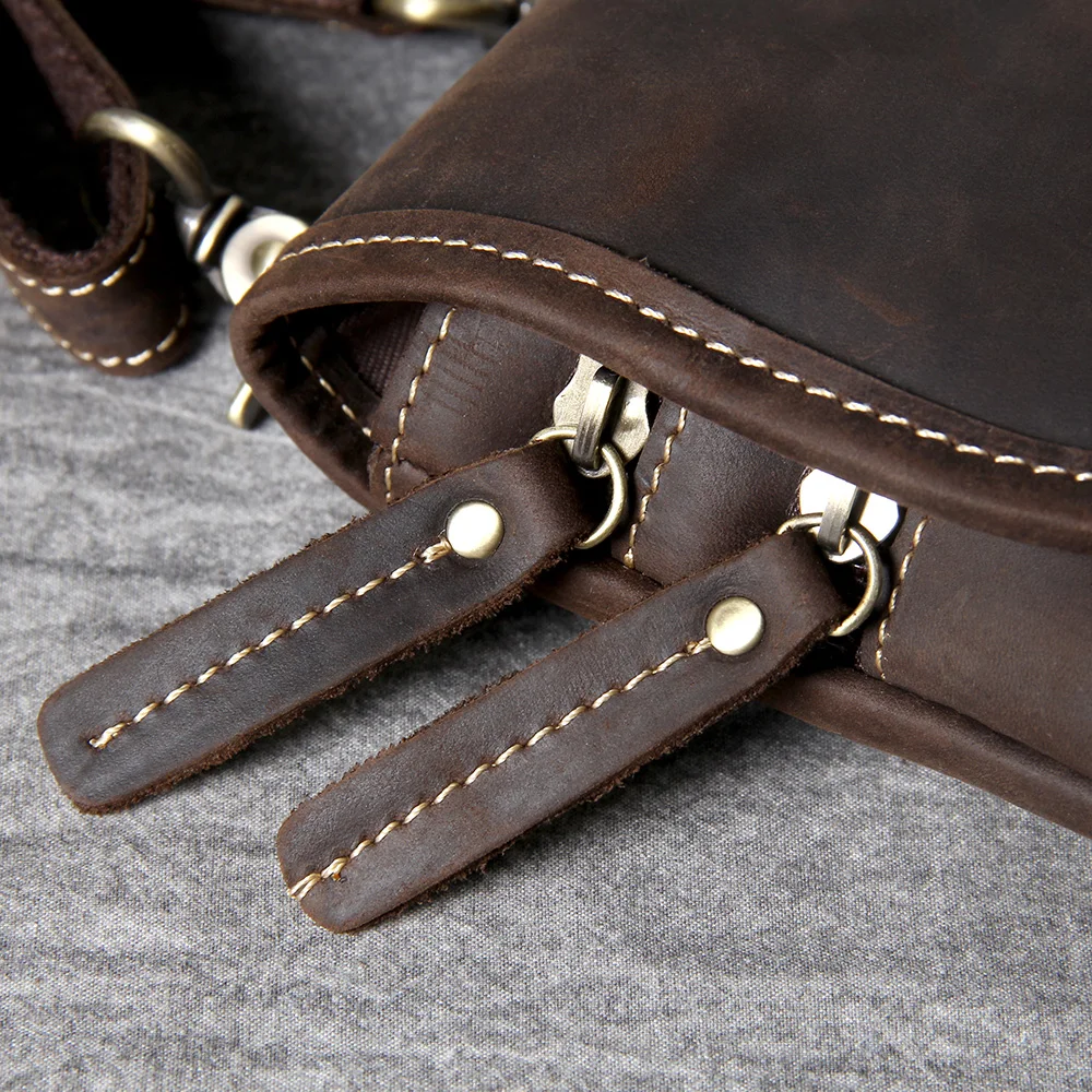 Hochwertige Echtleder-Brusttasche für Herren, Vintage Vollnarbenleder-Umhängetasche, Sling Bag, Tagesrucksack, Mini-Handytasche – Detail 12