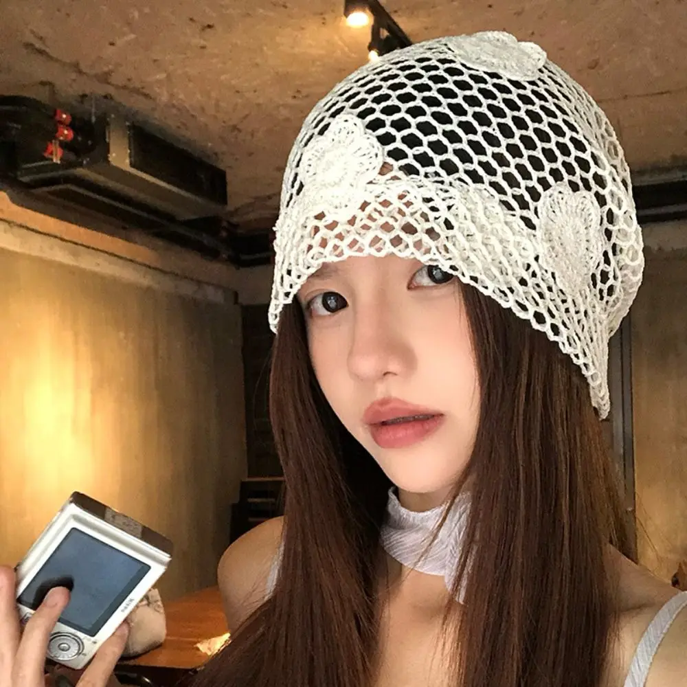 

Fashion Handmade Crochet Flower Hat Cute Thin Lace Beanies Hat Hollow Out Korean Flower Knitted Hat Spring and Summer