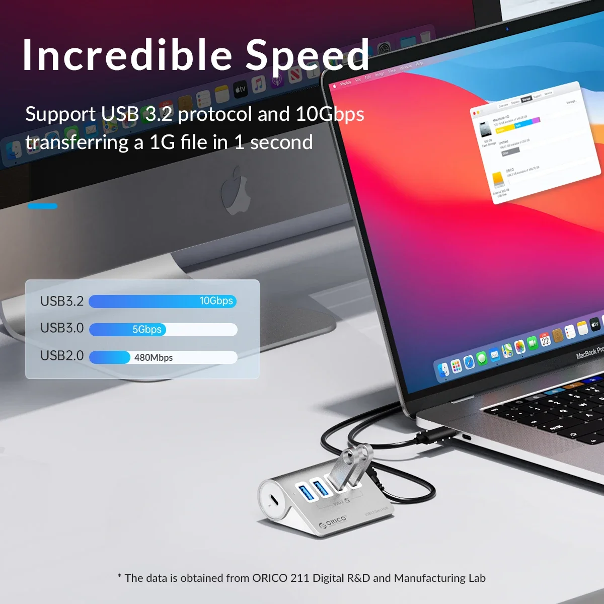 ORICO Pengisi Daya Aluminium 10Gbps USB 3.2 HUB Super Cepat Bertenaga PD60W Tipe C Splitter dengan Adaptor Daya untuk MacBook PC Aksesori