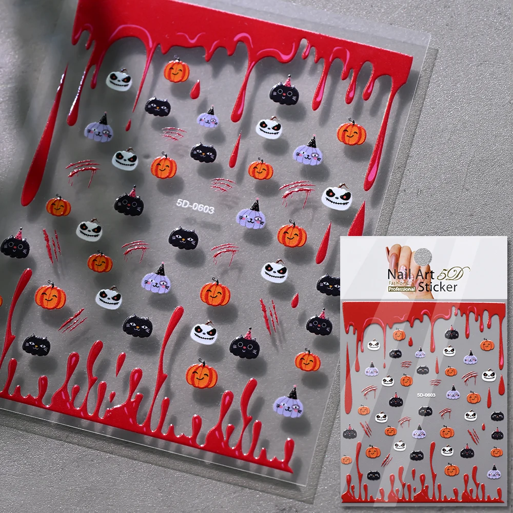 12pcs 5D Halloween Nail Art Stickers Embossed Horror Bloody Butterfly/Scratches/Palm/Skull/Ghost/Pumpkin Nail Decals Nail Slider