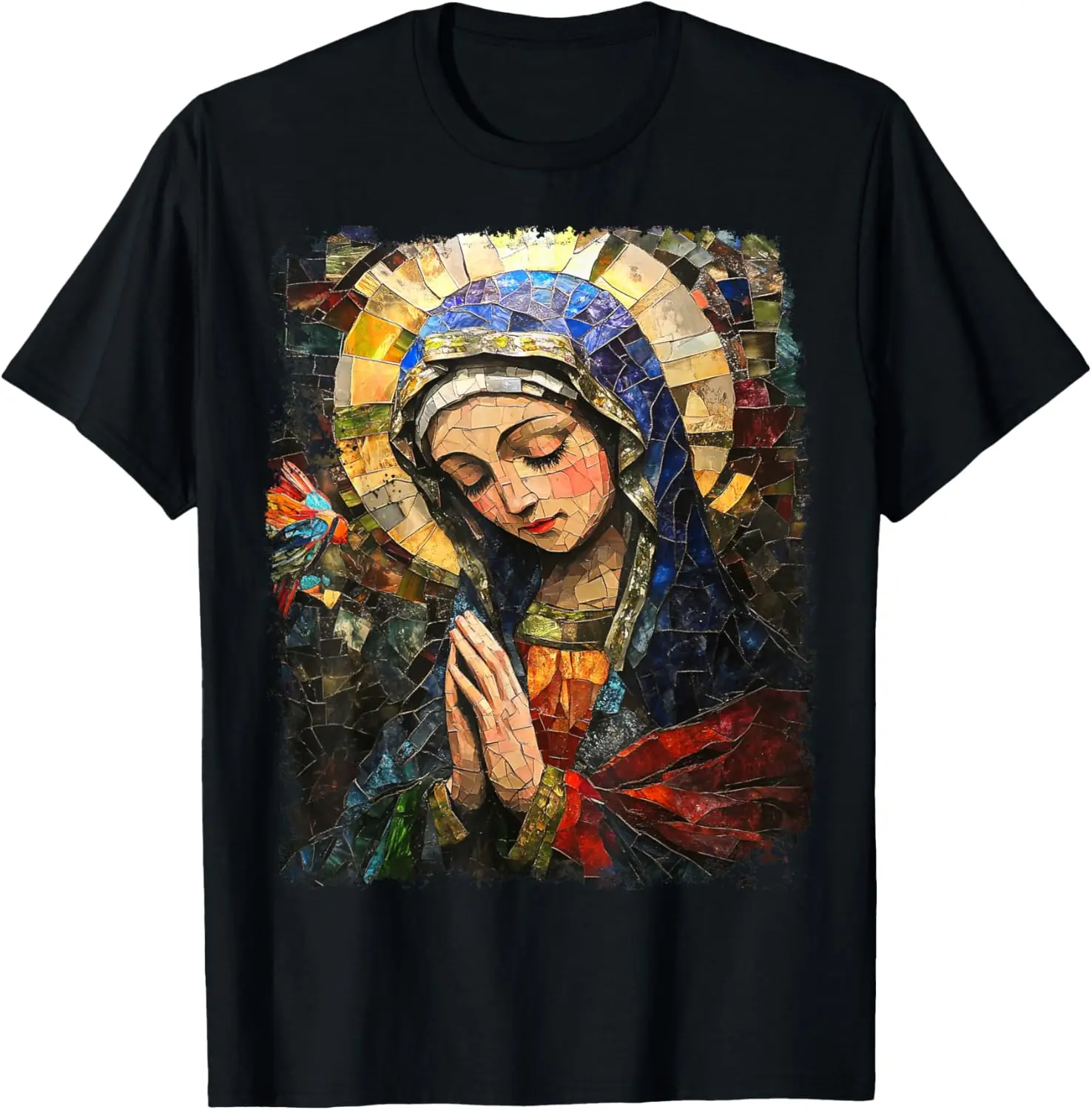 

Virgin Mary Mosaic Graphic Tee Religious Catholic Prayer Art Short Sleeve T-Shirt Spiritual Wear