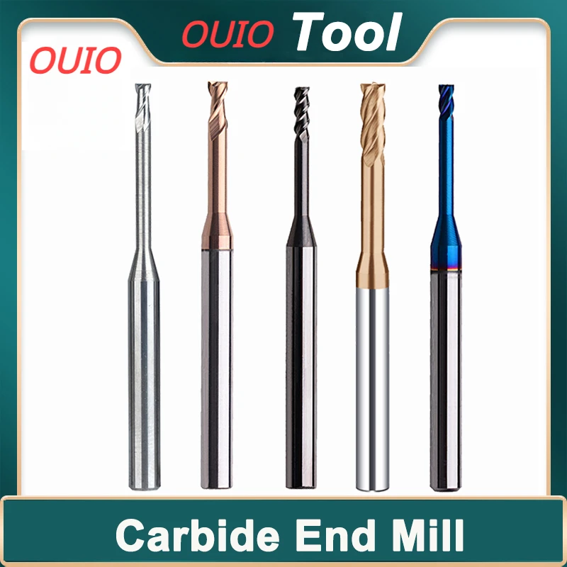 OUIO HRC55 Hrc60/65 2/3/4 Flute Tungsten Carbide End Mill Milling Cutter Cnc Routerbits Flute Endmills 1mm 1.5mm 2mm 2.5mm 3.0mm