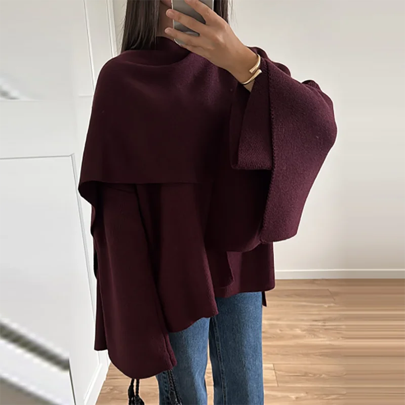 Autumn Winter High Street Scarf Collar Women's Coat Vintage Solid Color Long Sleeved Office Jackets Elegant Cape Loose Cardigan