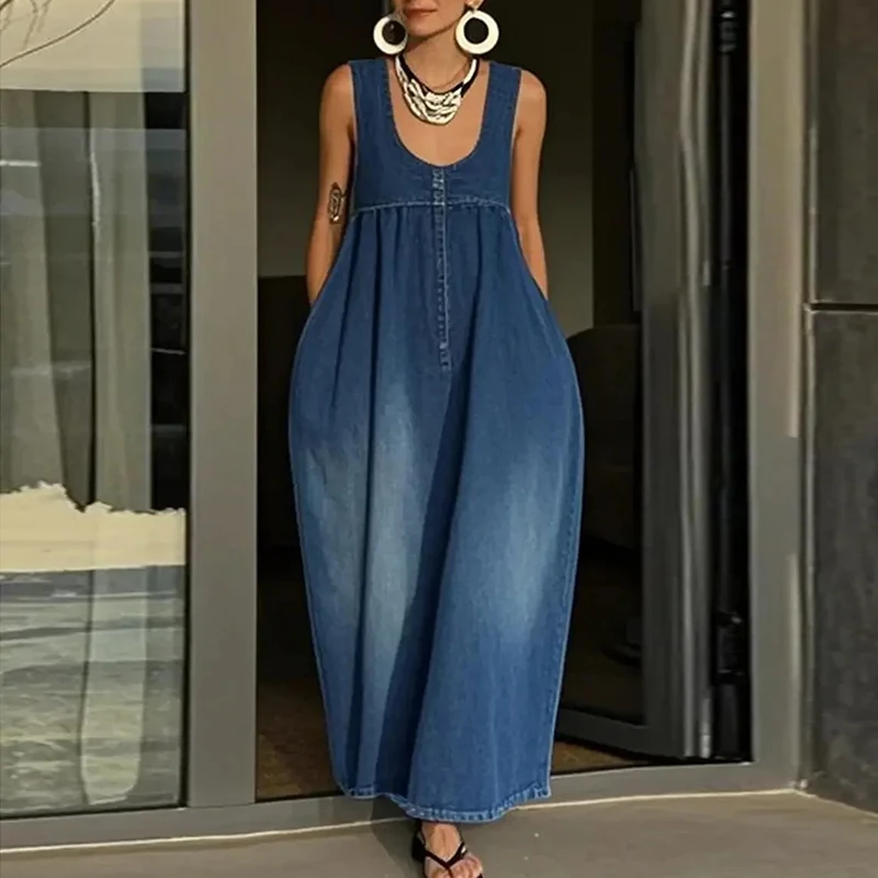 

Новое летнее пляжное платье без рукавов на бретелях для женщин, модное свободное пляжное платье с круглым вырезом, простое однотонное плиссированное длинное платье с карманами