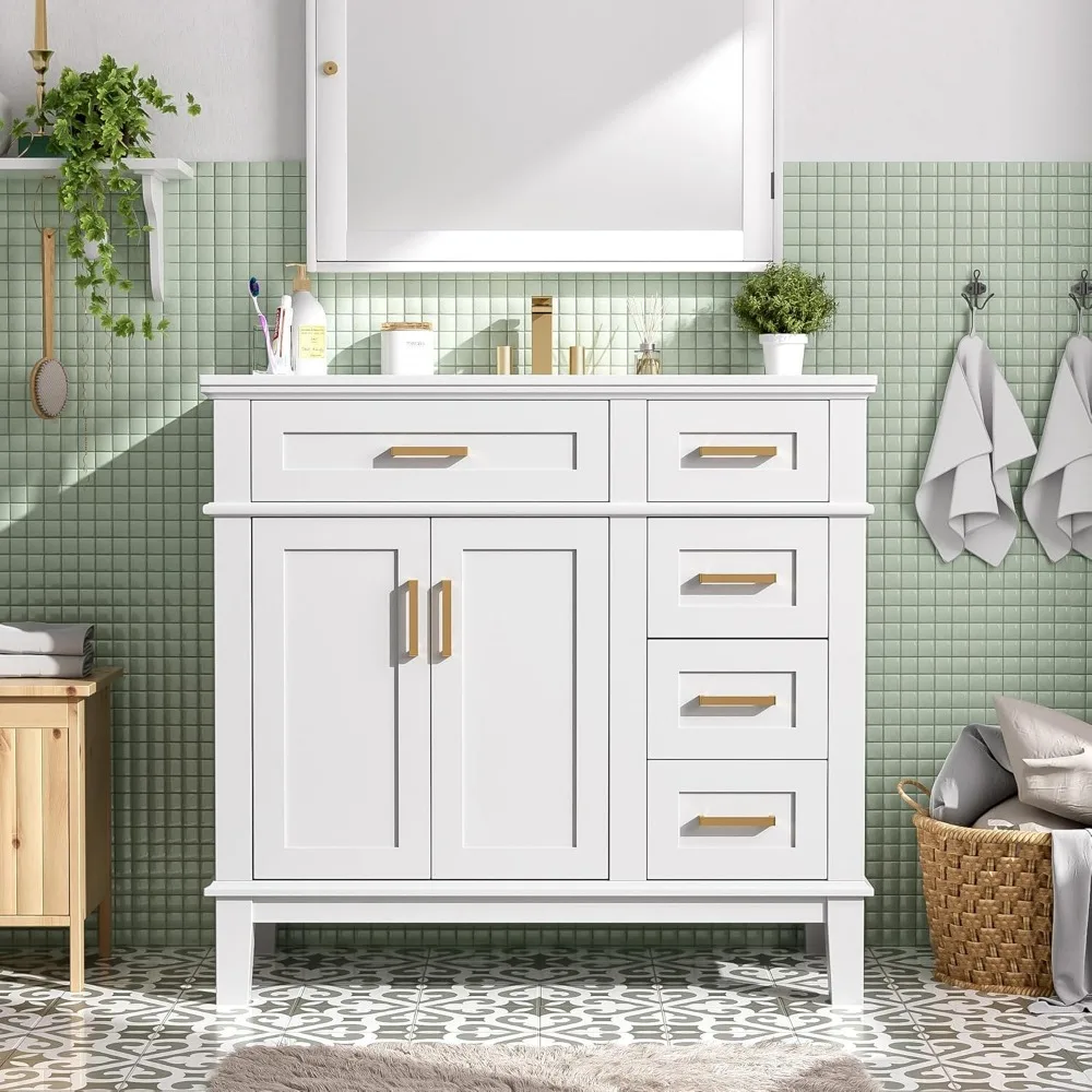 Meja wastafel kamar mandi kayu solid 36 inci dengan wastafel keramik dan 4 laci