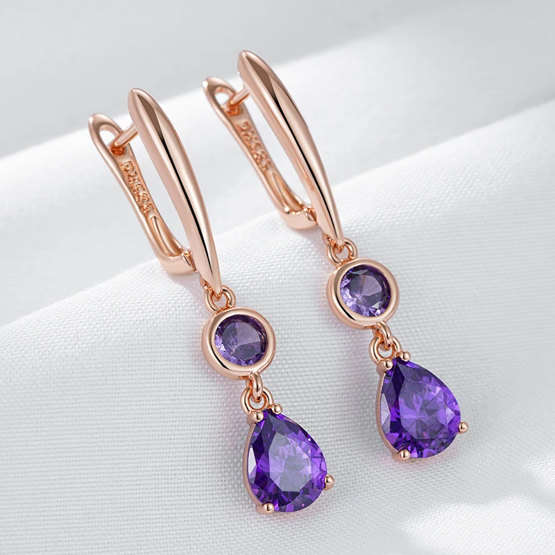 Kinel Hot Shiny Purple Natural Zircon Long Dangle Earrings for Women 585 Rose Gold Color Vintage Ethnic Bride Daily Fine Jewelry
